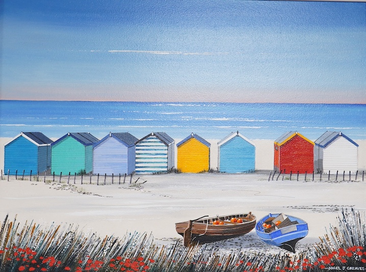 Nigel J Greaves (b.1948), acrylic on board, ‘Beach Huts’, signed, 40 x 60cm. Condition - good